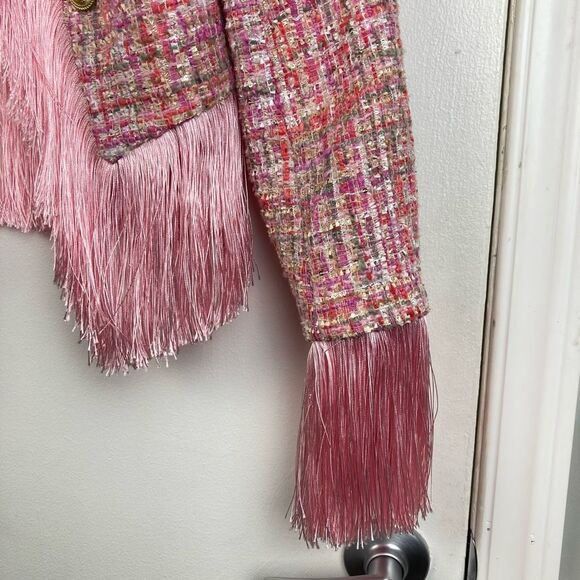 Fashion Nova Pink Tweed Fringe Jacket Boho Festival Barbie Western Preppy sz M - Picture 4 of 10